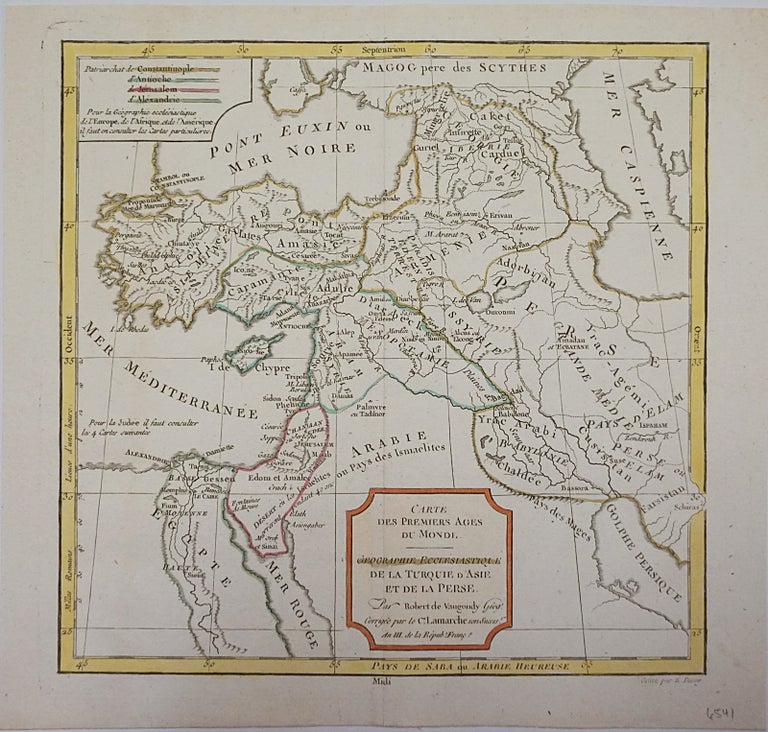 Item #6541 Carte des Premiers Ages du Monde. Geographie Ecclesiastique de la Turquie d'Asie et de la Perse. Map]. Robert de Vaugondy, Charles Delamarche.