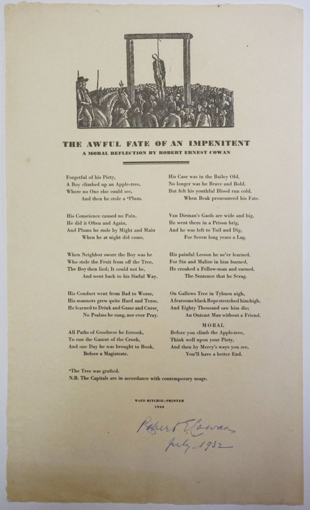 Item #6545 The Awful Fate of An Impenitent. Broadside poem]. Ernest Cowan.